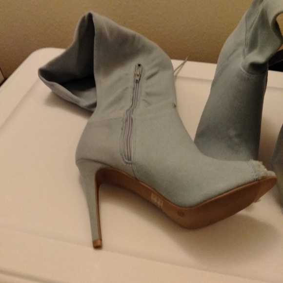 Wild Diva Peep Toe Light Denim Over the Knee Boots - Picture 8 of 8